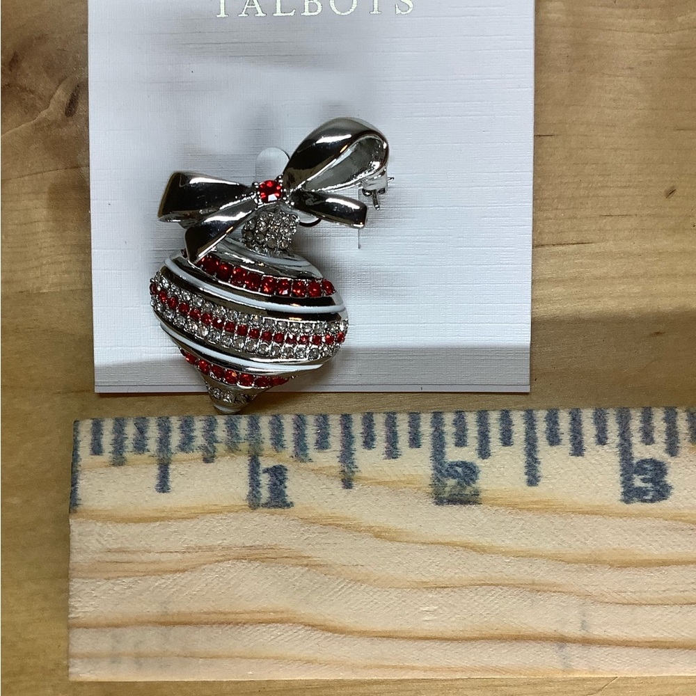 Silver Tone Talbots Bow Ornament Brooch With Red, Clear Rhinestones New Vintage - Picture 3 of 6